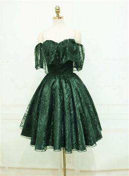 Picture of Pretty Dark Green Lace Off Shoulder Short Party Dresses, Lace Homecoming Dresses